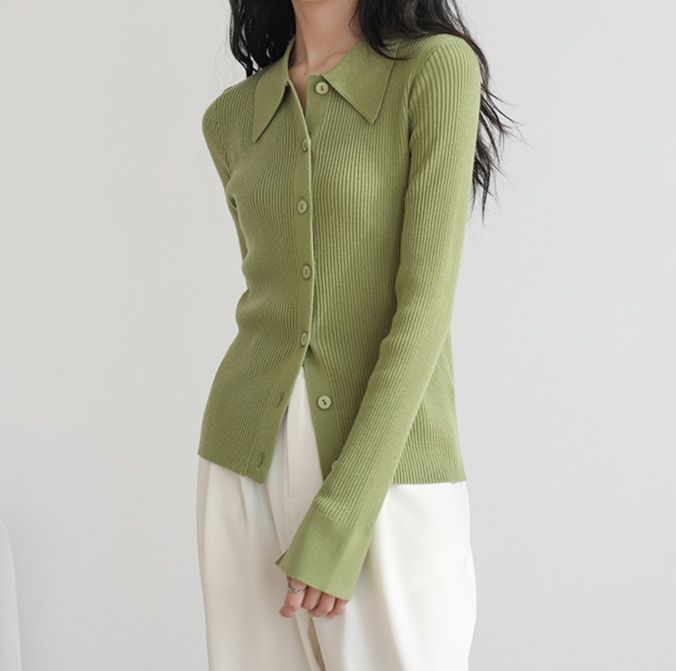 レディースカーディガン 優美な風格 リブ編み襟付きカーディガン　ショート丈カーディガン