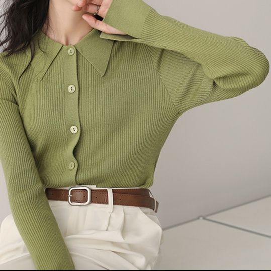 レディースカーディガン 優美な風格 リブ編み襟付きカーディガン　ショート丈カーディガン