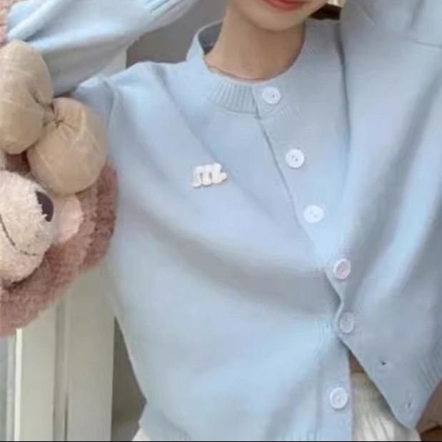 レディースカーディガン 丸襟ボタン留めニットカーディガン