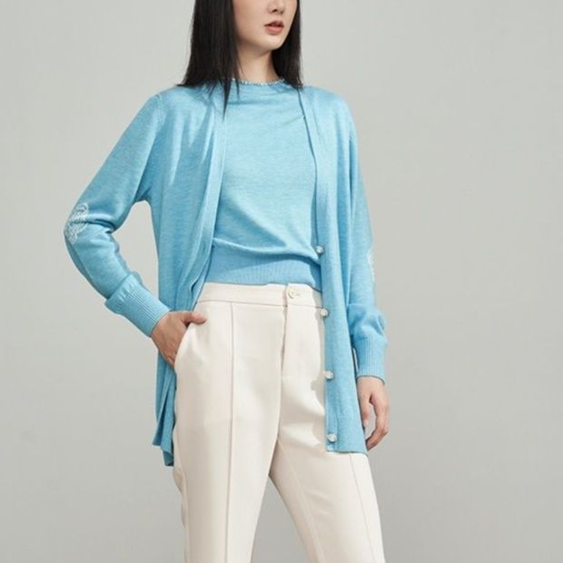 レディースカーディガン 花柄刺繍入りニット羽織り長袖カーディガン