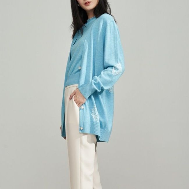 レディースカーディガン 花柄刺繍入りニット羽織り長袖カーディガン