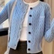 レディースカーディガン 麻花編み丸首ボタン留めニットカーディガン　ショート丈