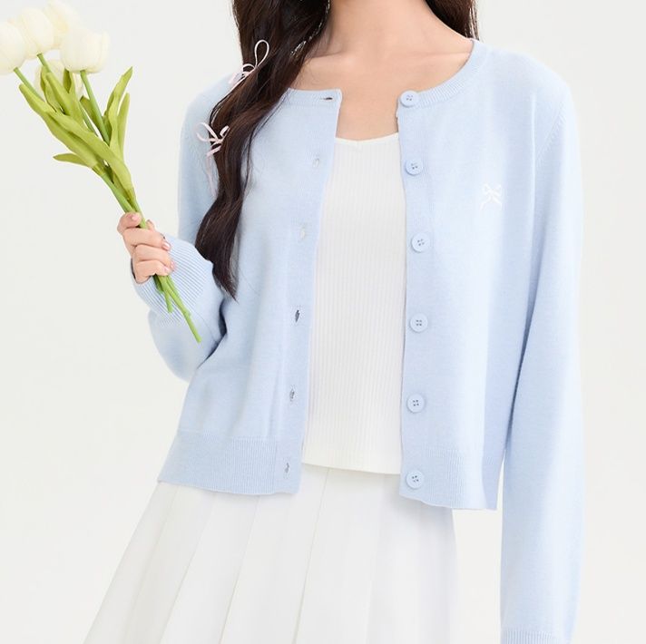 レディースカーディガン 上品な丸首ボタン前開き長袖ニットカーディガン　ショート丈カーディガン