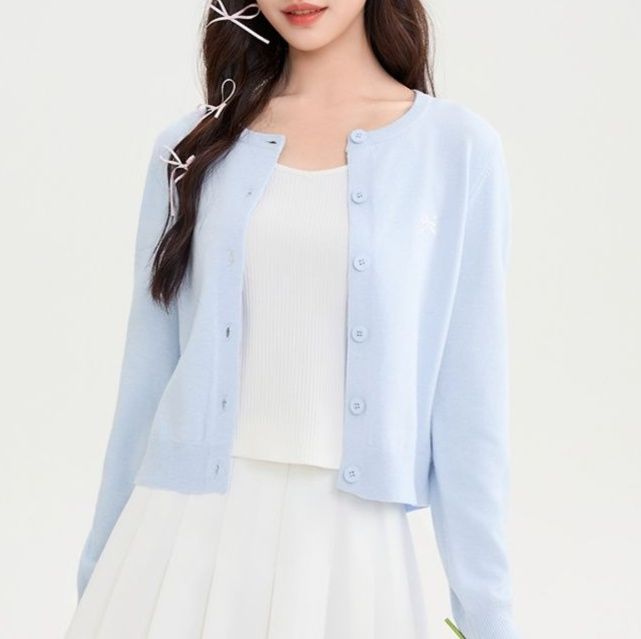 レディースカーディガン 上品な丸首ボタン前開き長袖ニットカーディガン　ショート丈カーディガン