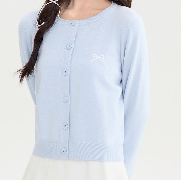 レディースカーディガン 上品な丸首ボタン前開き長袖ニットカーディガン　ショート丈カーディガン