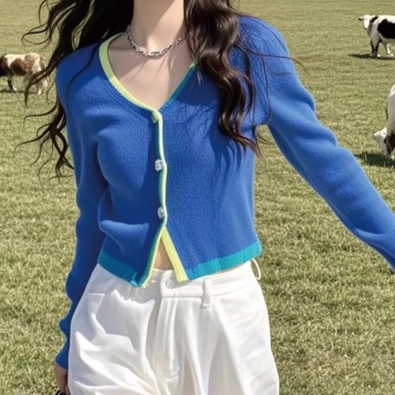 レディースカーディガン 配色切り替えデザイン長袖ニットカーディガン