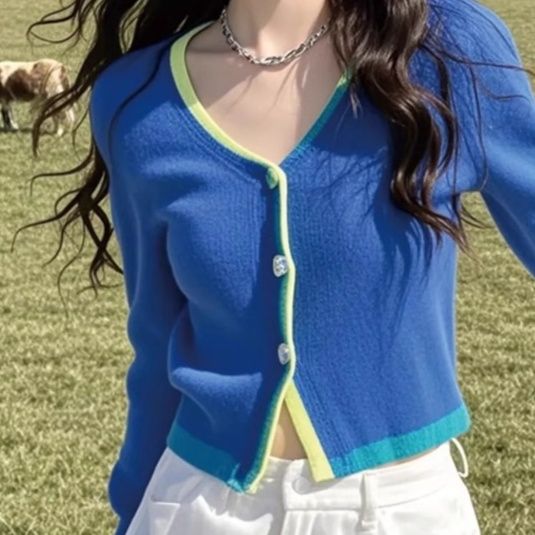 レディースカーディガン 配色切り替えデザイン長袖ニットカーディガン