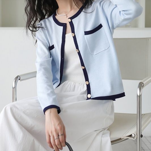 レディースカーディガン 上品な配色パイピング丸首長袖ニットカーディガン　ショート丈