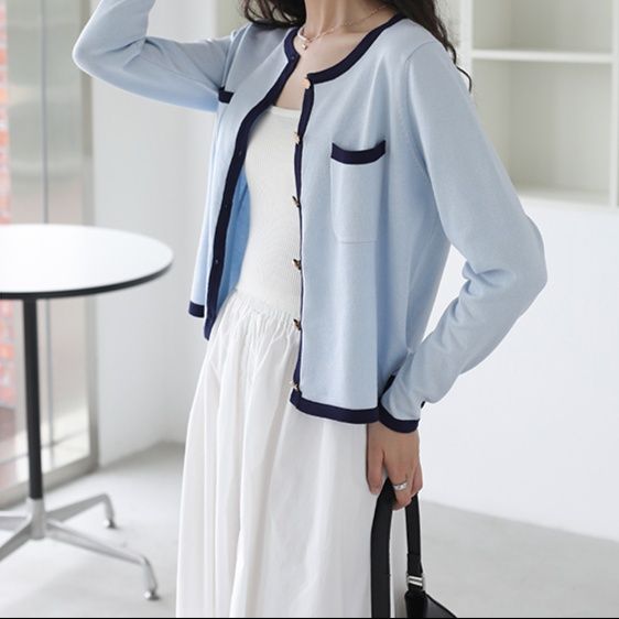 レディースカーディガン 上品な配色パイピング丸首長袖ニットカーディガン　ショート丈