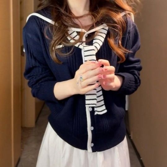 レディースカーディガン 配色美人な前開きボタン羽織りカーディガン