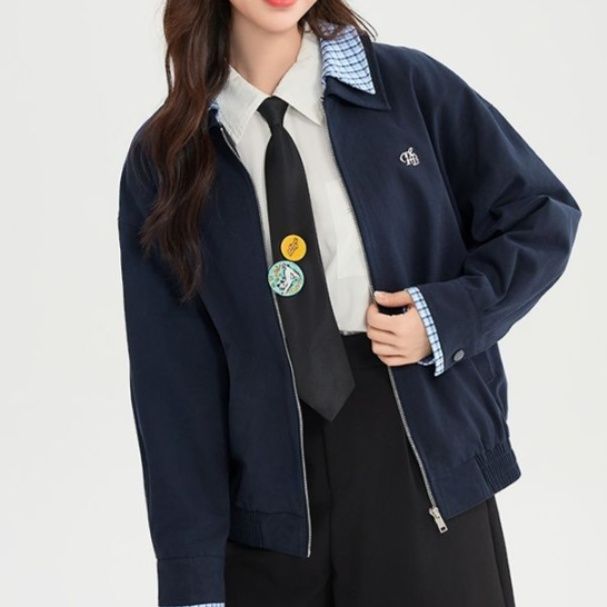 レディースカーディガン 学園風ジップアップカーディガン　ミドル丈カーディガン