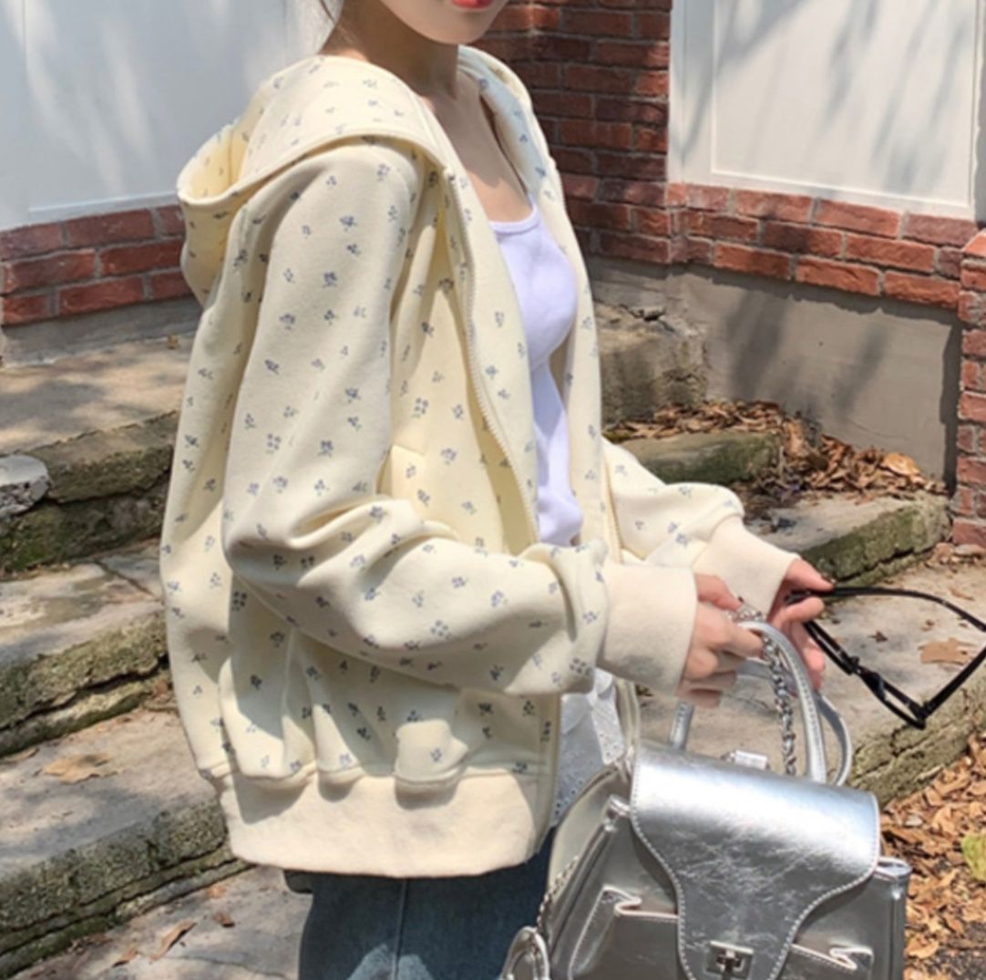 レディースカーディガン 小花柄フード付きゆったりニットカーディガン