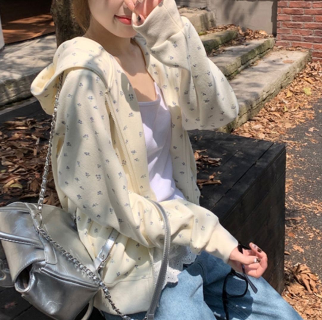 レディースカーディガン 小花柄フード付きゆったりニットカーディガン