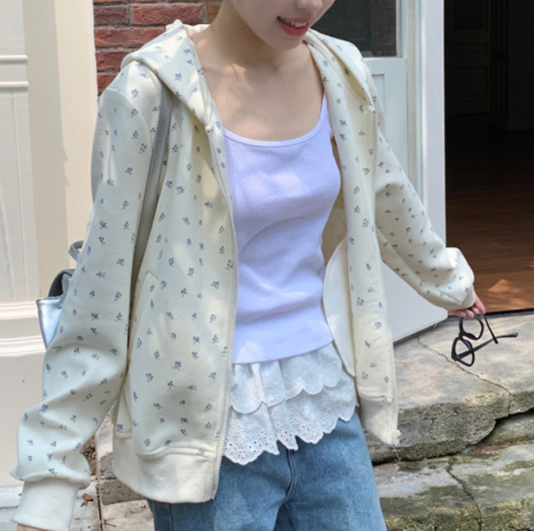 レディースカーディガン 小花柄フード付きゆったりニットカーディガン