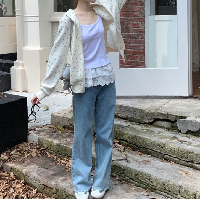 レディースカーディガン 小花柄フード付きゆったりニットカーディガン