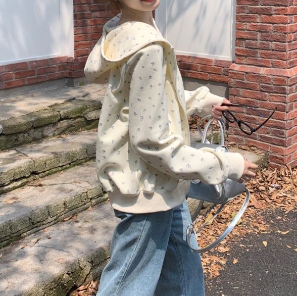 レディースカーディガン 小花柄フード付きゆったりニットカーディガン