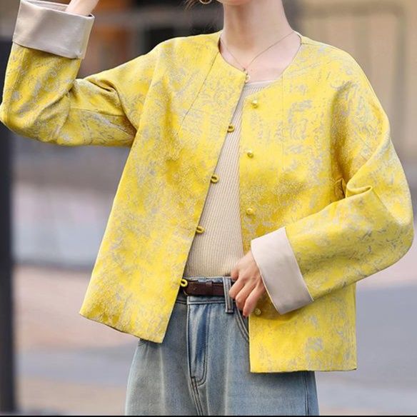 レディースカーディガン エレガント花柄ジャカード編み丸首薄手羽織