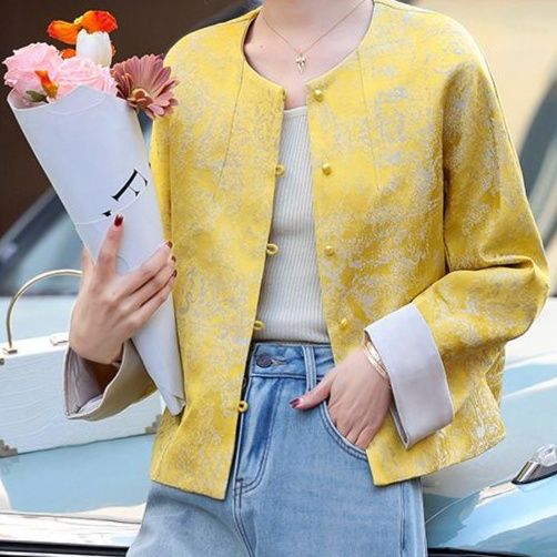 レディースカーディガン エレガント花柄ジャカード編み丸首薄手羽織