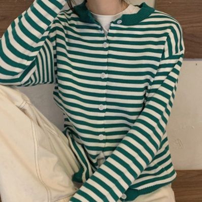 レディースカーディガン 大人可愛いボーダー柄ショート丈ニットカーディガン