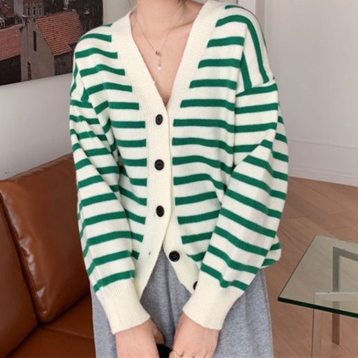 レディースカーディガン 上品ボーダー柄ショート丈カーディガン
