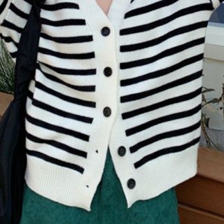 レディースカーディガン 上品ボーダー柄ショート丈カーディガン