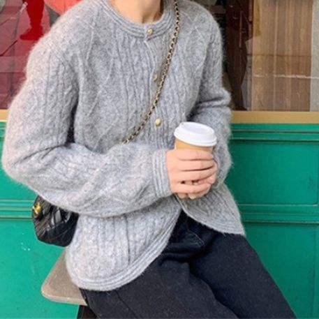 レディースカーディガン 秋冬新作 麻花編み ミドル丈 ニットカーディガン