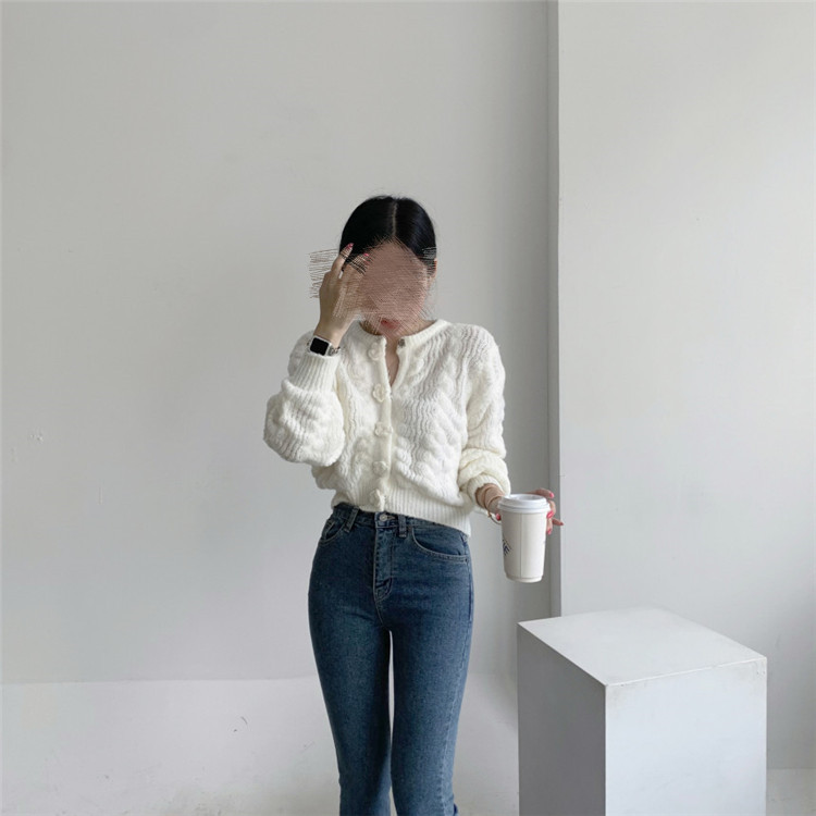 レディースカーディガン 花ボタン ショート丈 ニット カーディガン 秋冬 