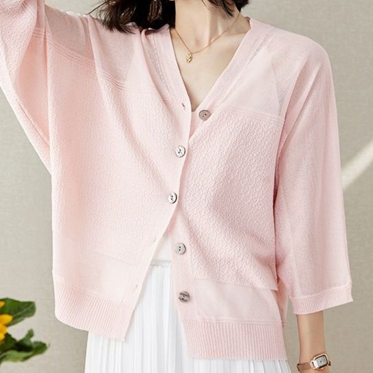 レディースカーディガン 透け感ある七分袖ショート丈ニットカーディガン