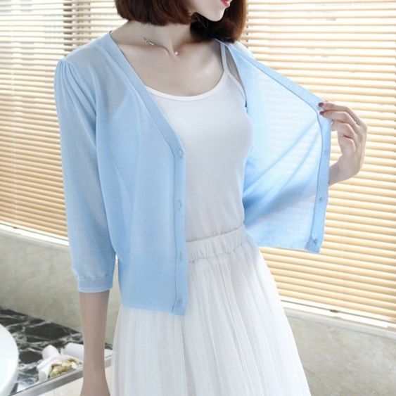 レディースカーディガン 薄手ニット七分袖ショート丈カーディガン