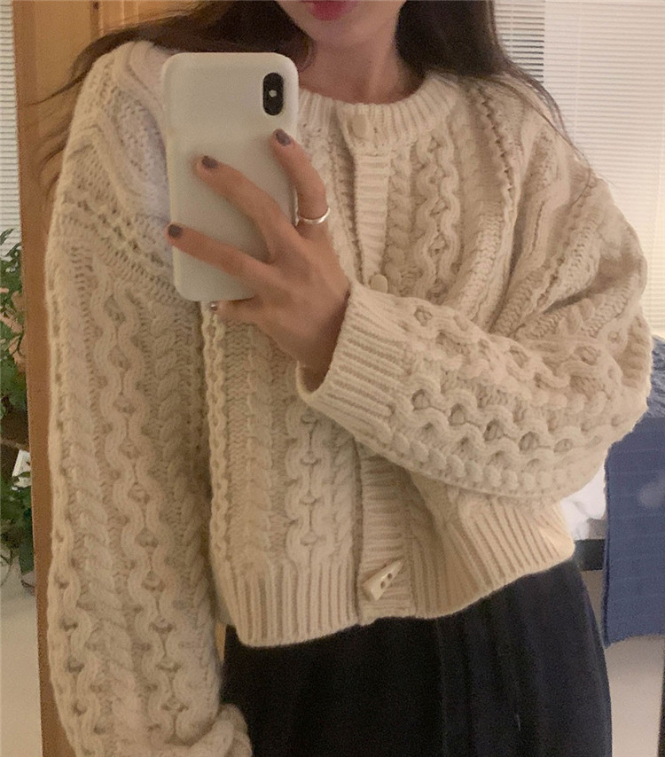 レディースカーディガン 麻の花模様 ショート丈 ケーブル編みカーディガン