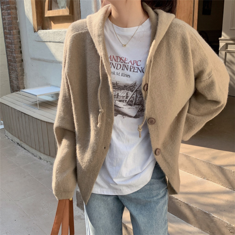 レディースカーディガン フード付きミドル丈ニットカーディガン レイヤード万能アイテム