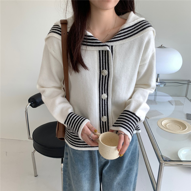 レディースカーディガン 学院風ミドル丈セーラー襟ニットカーディガン