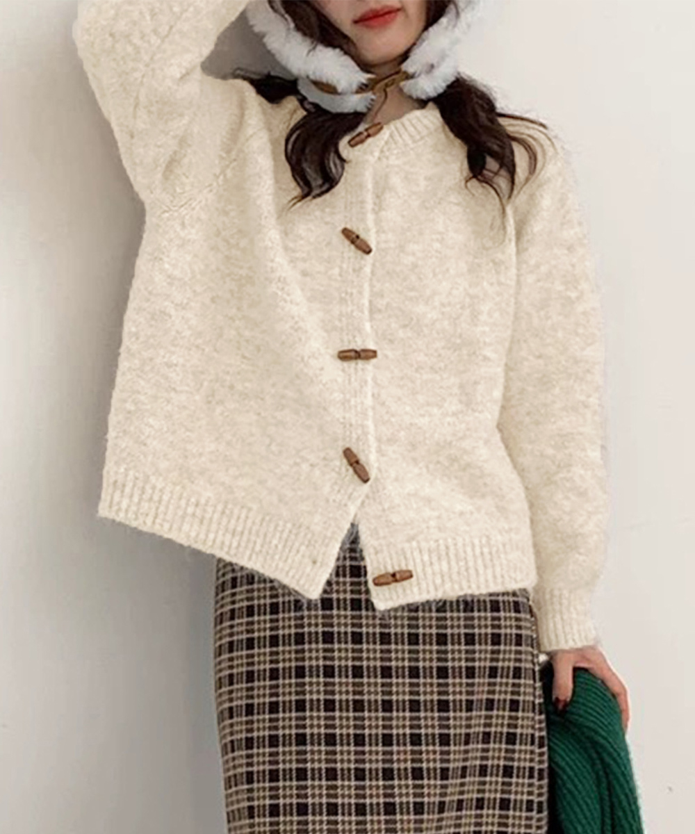 レディースカーディガン ショート丈 トグルボタンニット羽織秋冬