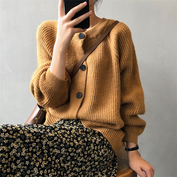 レディースカーディガン ゆったりシルエット ミドル丈 厚手ニット カーディガン