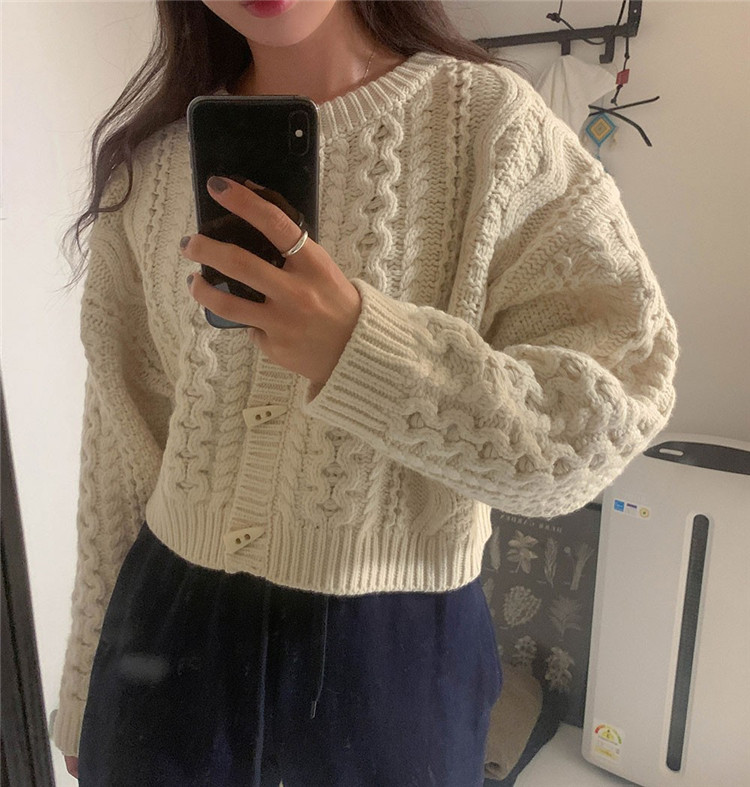 レディースカーディガン 麻の花模様 ショート丈 ケーブル編みカーディガン