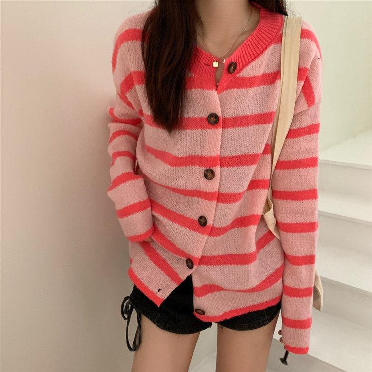 レディースカーディガン おしゃれ ボーダー柄 ミドル丈 ニットカーディガン