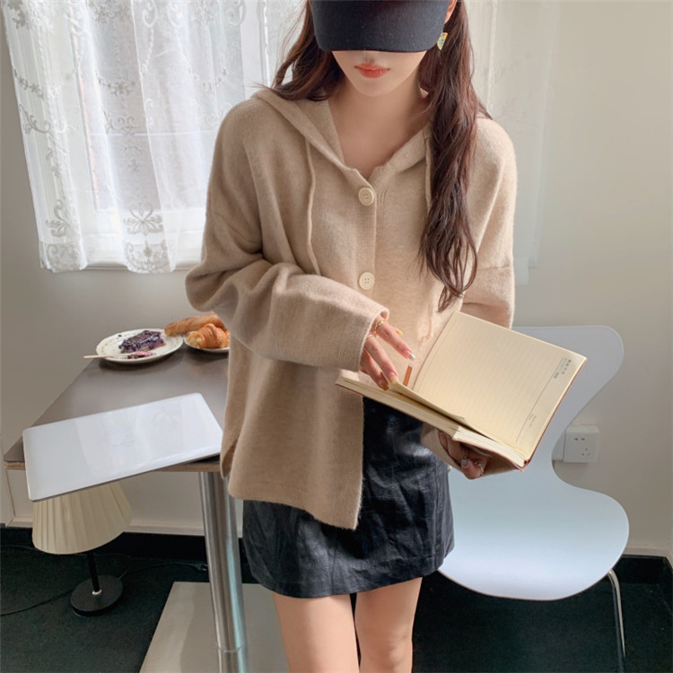 レディースカーディガン フード付きミドル丈ニットカーディガン レイヤード万能アイテム