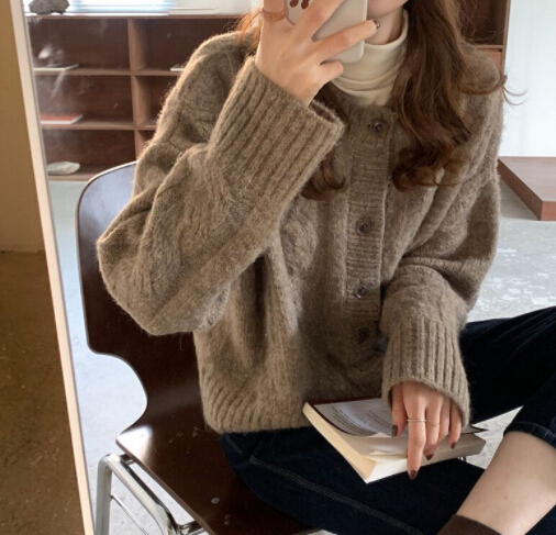 レディースカーディガン 秋冬ケーブル編みショート丈ニットカーディガン