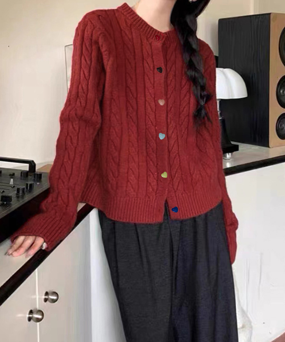 レディースカーディガン ミドル丈 ケーブルニットカーディガン ハートボタン前開き