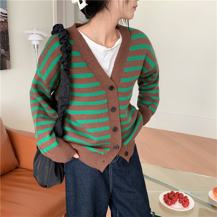 レディースカーディガン 上品ボーダー柄ショート丈カーディガン