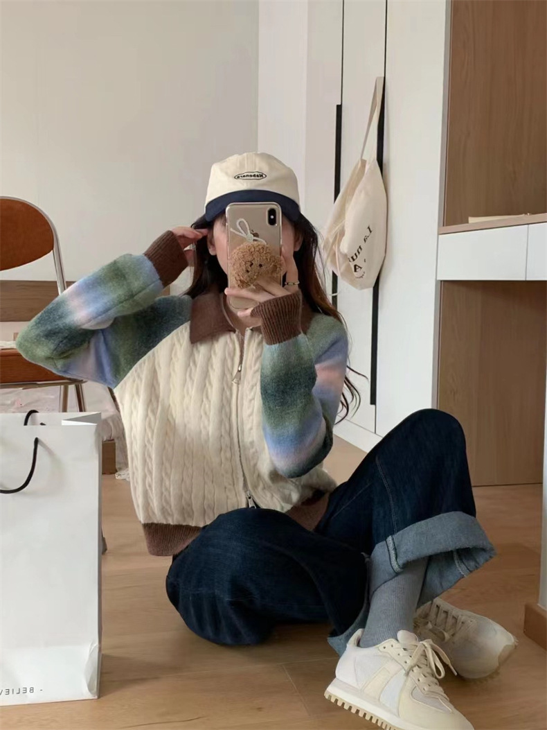 レディースカーディガン ミドル丈 グラデーション ダブル ニットカーディガン