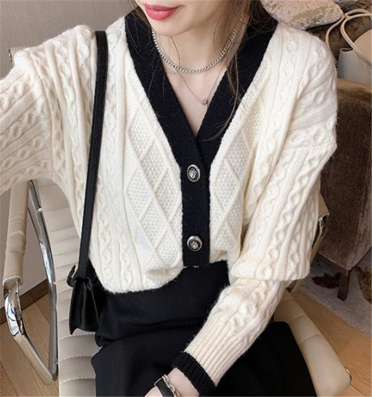 レディースカーディガン 秋冬新作 ショート丈 レトロ風 ケーブル編み Vネック カーディガン