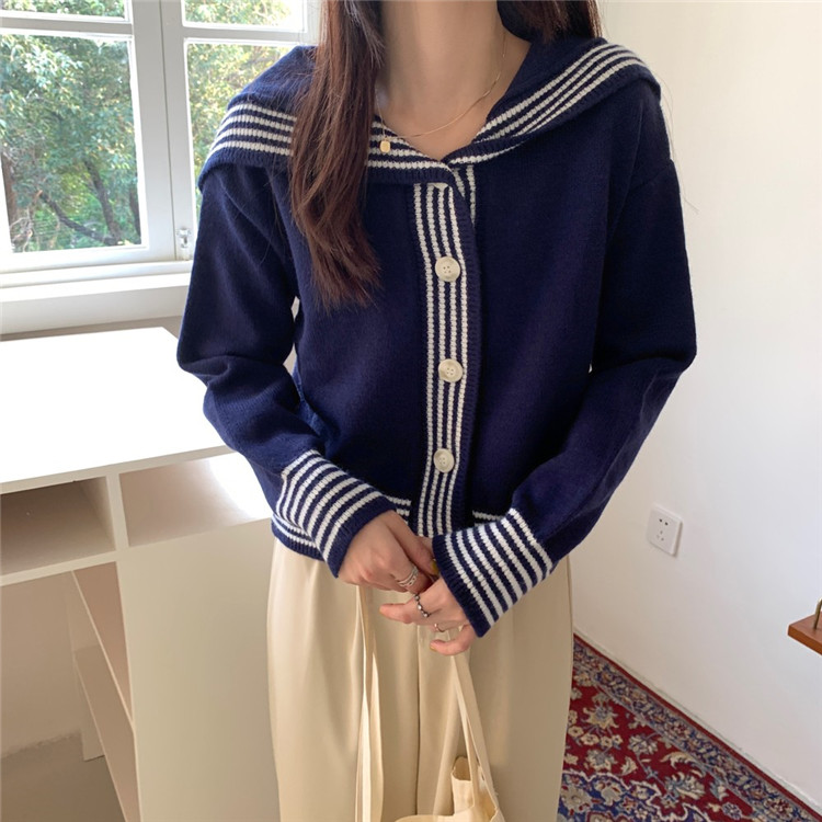 レディースカーディガン 学院風ミドル丈セーラー襟ニットカーディガン