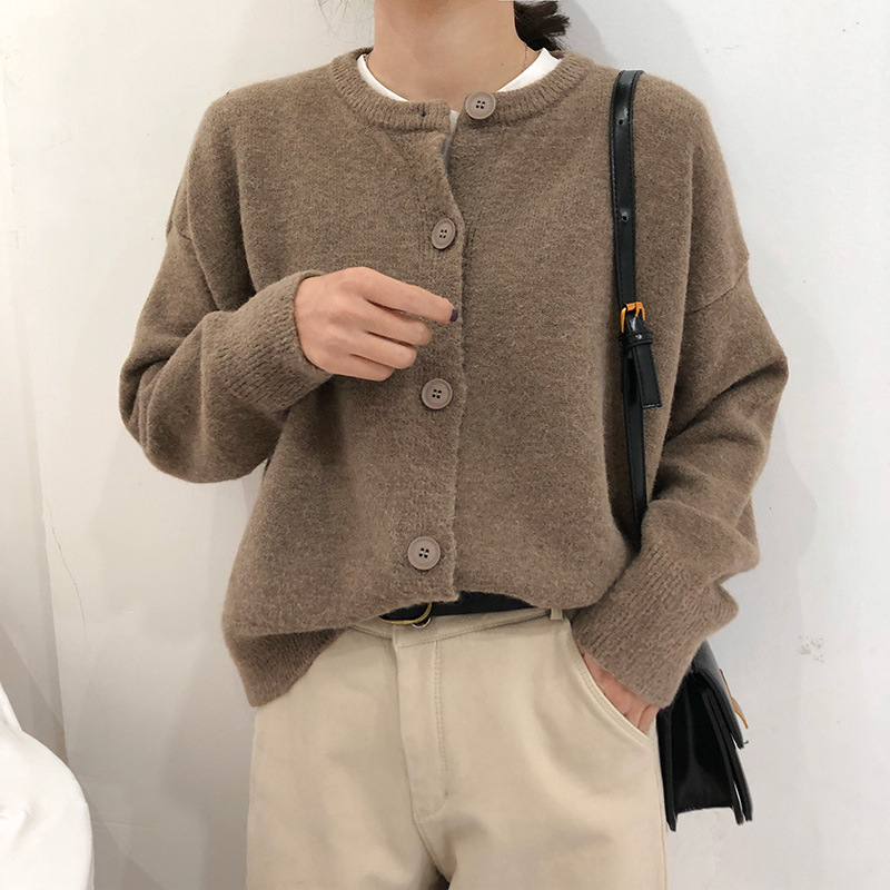 レディースカーディガン ショート丈 ボタン付き長袖ニット羽織カーディガン 
