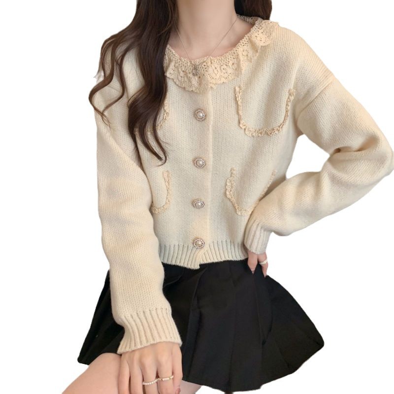 レディースカーディガン ショート丈 長袖ニットカーディガン レース襟