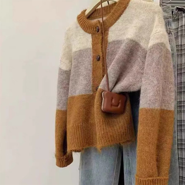 レディースカーディガン ショート丈 配色ニットカーディガン 丸襟 