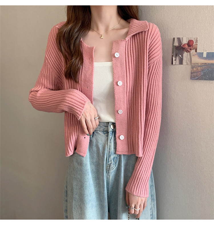 レディースカーディガン 秋冬ショート丈襟付きニットカーディガン無地レディース
