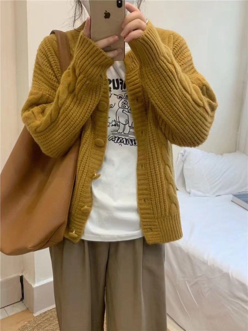 レディースカーディガン ショート丈 ケーブル編みニットカーディガン ゆったり体型カバー厚手羽織り