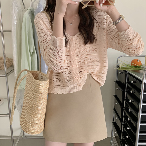 レディースカーディガン 透かし編みショート丈カーディガン長袖ニット