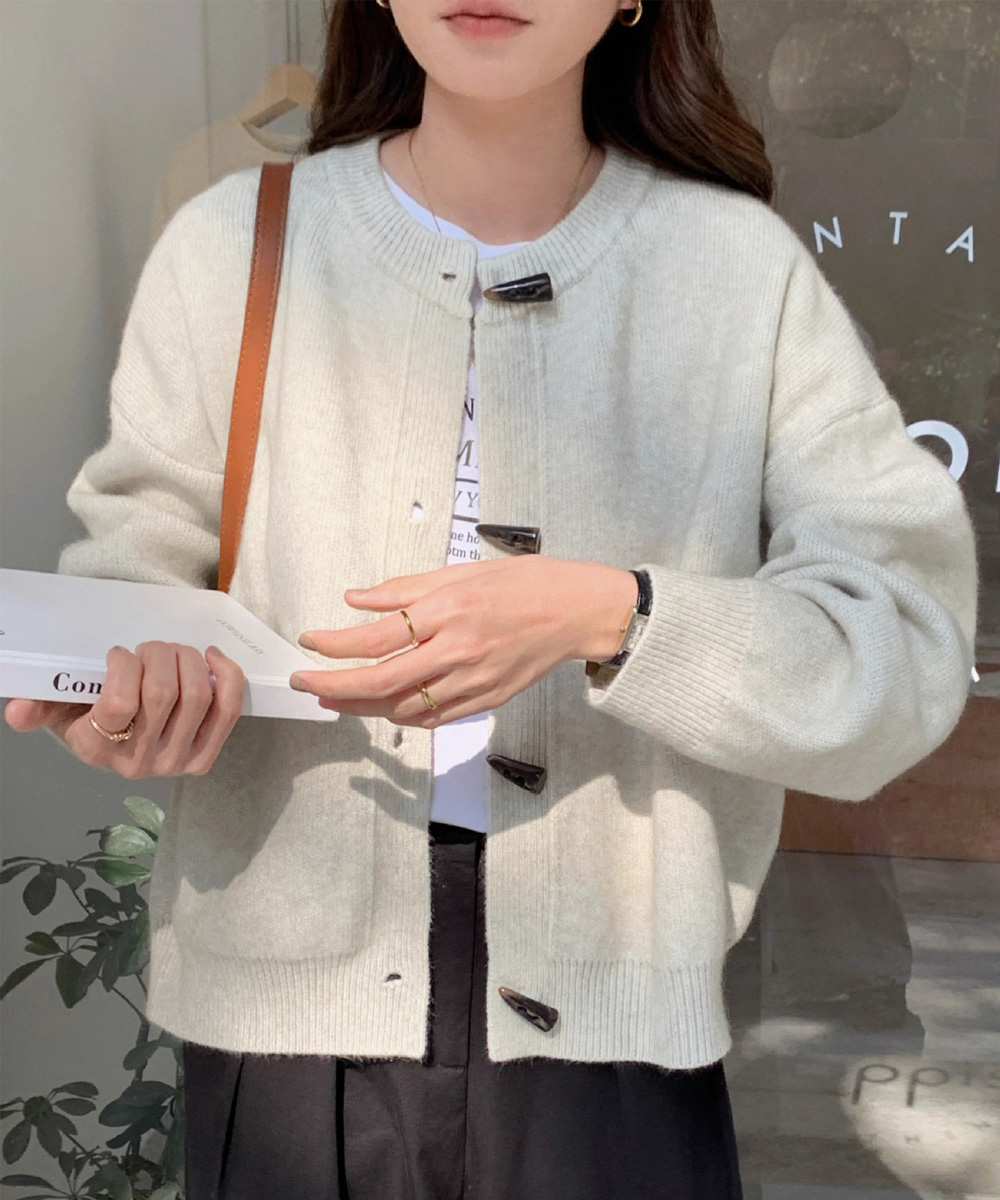 レディースカーディガン ミドル丈 韓国風牛角型トグルボタンニットカーディガン